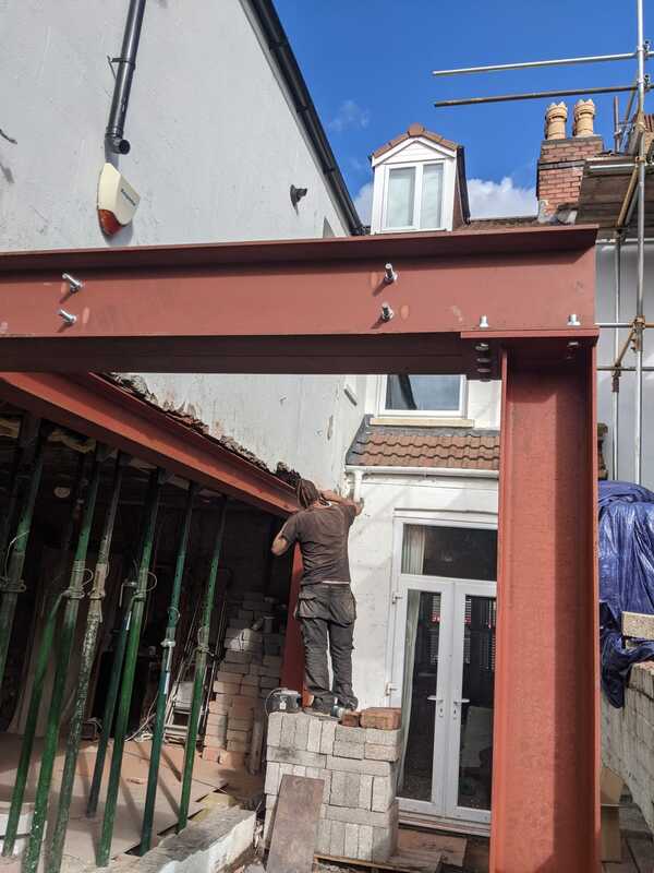 Steel sleeve bolted beam support by rsj steel column for this kitchen extension in Bristol
